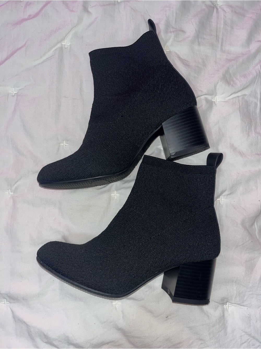 Time and Tru Black Knit Sock Ankle Boots with Block Heel